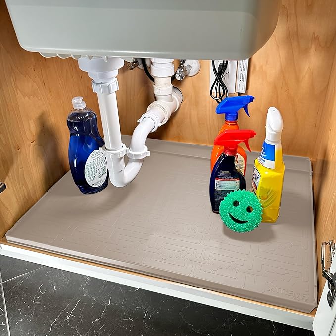 XTREME MATS Trimmable Rubber Under Sink Cabinet Mat – Ultimate Waterproof Protection for Kitchen or Bathroom Cabinets with Patented Overflow Channels (Beige)