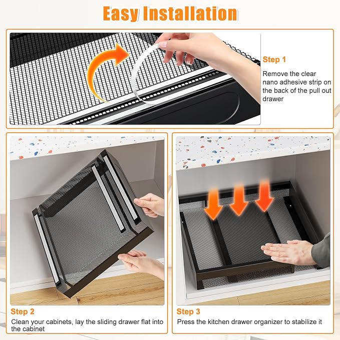 Hisencn Pull Out Cabinet Organizer, Expandable Width 13.9"-22", 21.8" Deep Heavy Duty Slide Out Drawer for Kitchen Cabinets, No Drill Roll Out Shelves with Adhesive Nano Film (Black)