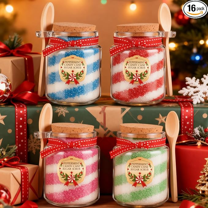LemonRoad 16 Set Christmas Glass Scrub Storage Jars with Lid and Spoon 3.4 oz Large Capacity Glass Sugar Scrub Container Christmas Gift Xmas Canisters Sets for Winter Home Countertop DIY Idea
