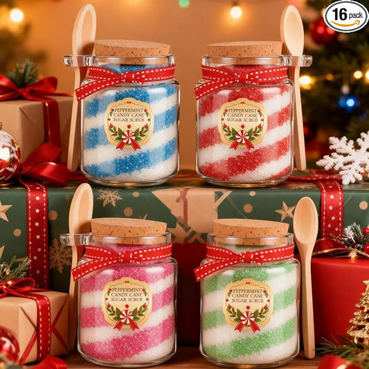 LemonRoad 16 Set Christmas Glass Scrub Storage Jars with Lid and Spoon 3.4 oz Large Capacity Glass Sugar Scrub Container Christmas Gift Xmas Canisters Sets for Winter Home Countertop DIY Idea