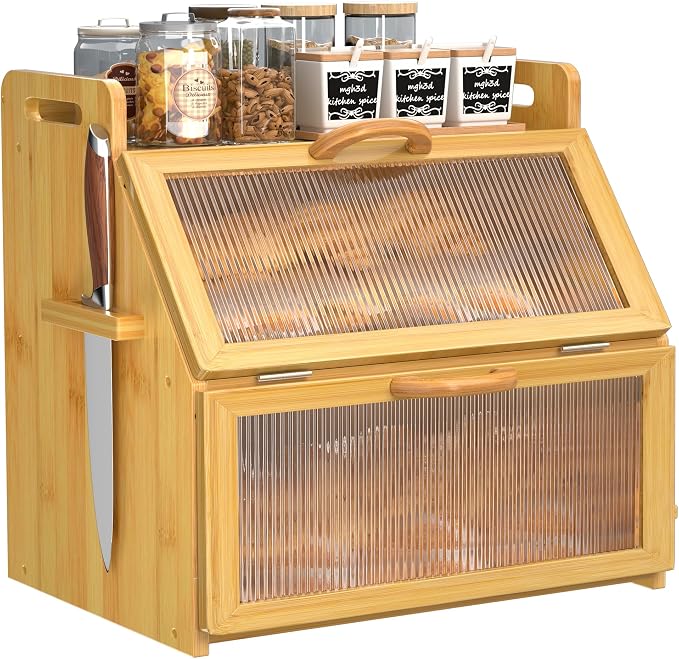 Bread Box for Kitchen Countertop, Large Bread Storage Container for Homemade Bread, Wooden Farmhouse Breadbox Organizers, Double Layer Bread Bin with Acrylic Window Bread Holder, Brown