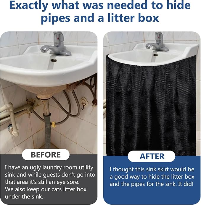 Fabric Sink Skirt for Pedestal Sinks – Waterproof Under Sink Curtain Skirt to Hide Cleaning Supplies – Self-Adhesive, Easy Install, 55 x 32 Inch Bathroom Storage Solution(Black)