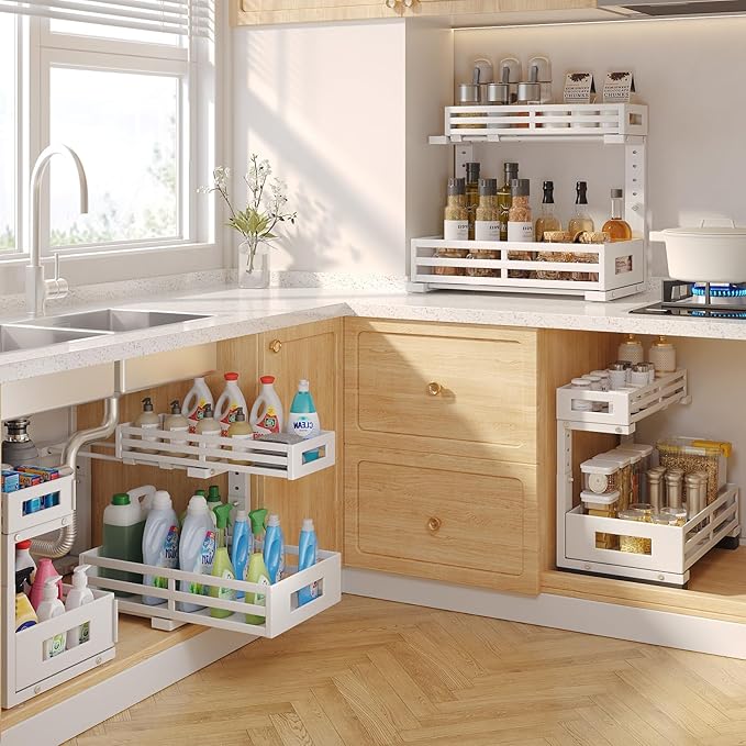 L-Shaped Metal Under Sink Organizer, 2-Tier Double Pull-Out Cabinet Organizer for Kitchen & Bathroom Storage, Height Adjustable, Smooth Cylinder Rail, White, 2 Packs