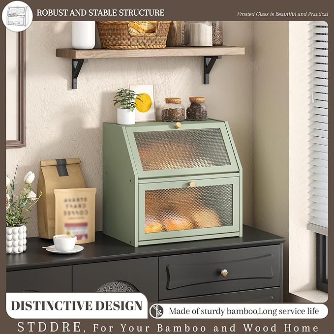 STDDRE Bread Box for Kitchen Countertop Bin Double Layer Bread Box Storage Container Extra Large Capacity Farmhouse with Diamond Pattern Windows (Green, Extra Large)