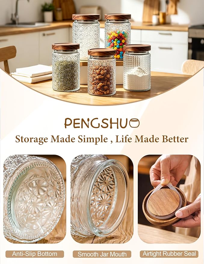 Vintage Glass Jars with Wood Lids - 34 OZ Airtight Storage Container for Kitchen Pantry Bathroom, Decorative Canisters for Coffee Beans, Brown Sugar, Cookie, Candy, Tea Bag, Dog Treat, Flour, Set of 2