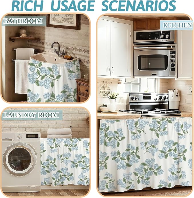 MUGINYU Cabinet Curtains 28" W x 51" L Sink Skirt for Bathroom,Blue Green Floral Hydrangea Short Curtains for Kitchen &Classroom,Vintage Farmhouse Closet Dishwasher Curtain with Velcro