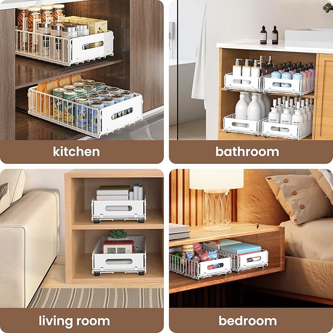 4 Pack Pull Out Cabinet Organizer, NECHEGI Heavy Duty Slide Out Pantry Drawers Shelves Storage With Strong Adhesive Strips and Handle for Kitchen, Bathroom, Living Room, Home (14.8"D X 9.6"W X 3.9"H)