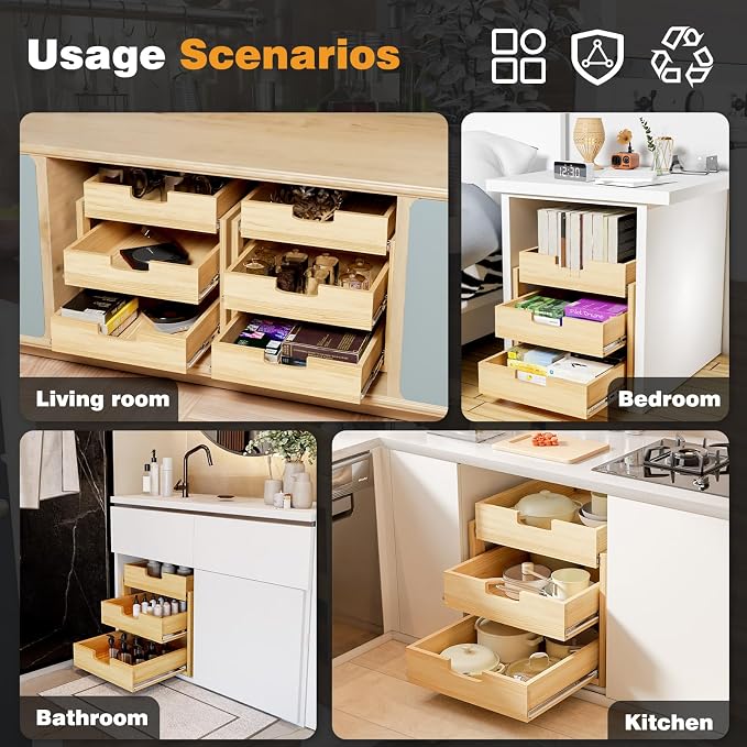 Pull Out Cabinet Organizer, 20''W×21''D Sliding Drawers for Cabinets, 3 Tier Soft Close Slide Out Wooden Pull out Drawers, Base Cabinet Organization for Kitchen, Pantry, Bathroom