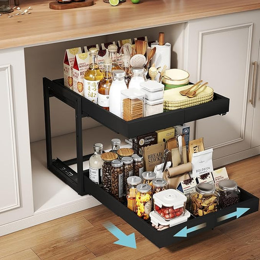 Golener 2-Tier Expandable Pull Out Cabinet Organizer - 21" Deep Pull-Out Drawers for Kitchen Cabinets, 2 Slide Home Storage Organizers, Slide Out Shelves for Base Cabinet Organization in Kitchen,Black