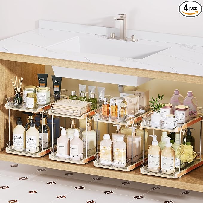 Delamu 2 Tier Under Sink Organizer Bathroom, Bathroom Cabinet Organizer with Snap-Lock Design and Hooks, Pull Out Storage with Movable Dividers, for Countertop, Kitchen and Pantry (White, 2 Pack)