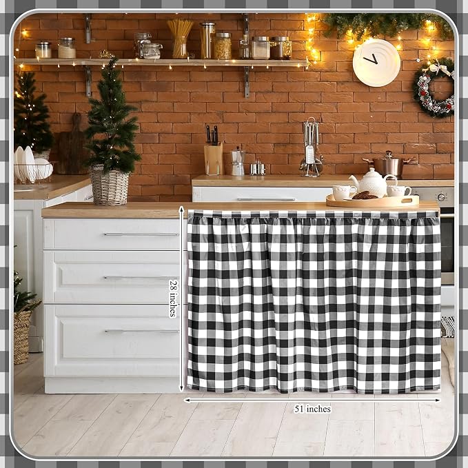 Cabinet Curtains 51 x 28 Inch Black and White Sink Skirt for Bathroom Kitchen Home Diamond Stitch Self Stick Adhesive Waterproof Fabric Farmhouse Rustic Drape Under Desk Privacy Drape Laundry Room