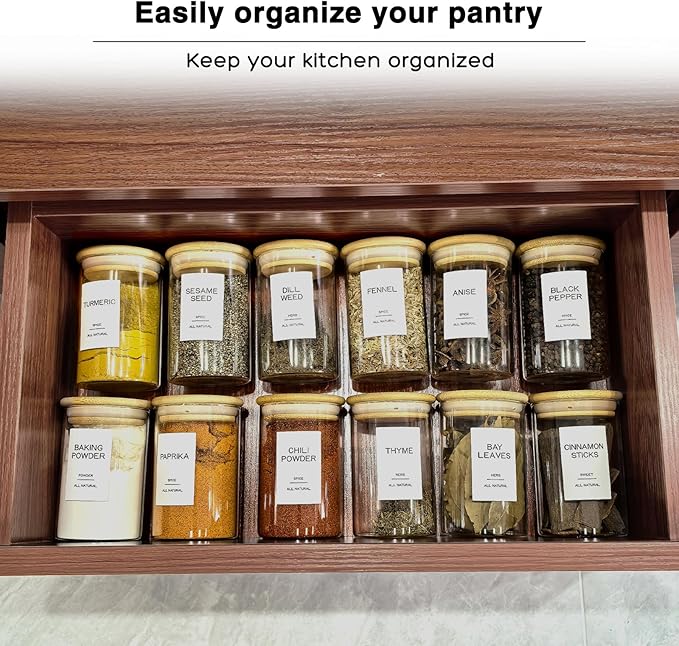 12 Pcs Glass Spice Jars with Bamboo Airtight Lids & 201 Labels - 8oz Small Empty Food Storage Containers for Kitchen, Seasonings, Herbs, Salt