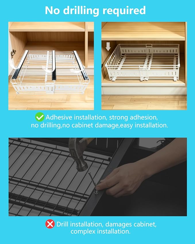 KimHong 2 Pack Pull Out Cabinet Organizer, Expandable Drawer Organizer with Adjustable Width 12.4"-19.5", Adhesive No Drill Under Cabinet Shelves for Home Kitchen Pantry with Silent Slides