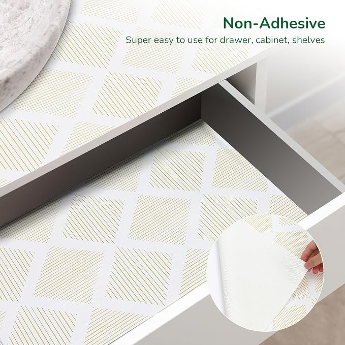Drawer and Shelf Liner for Kitchen 17.5in x 10FT, Non-Slip Non-Adhesive Cabinet Liners for Cupboard, Dresser, Shelves, Tool Box, Pantry, Thickened Easy Install, Strong Grip, Yellow&White