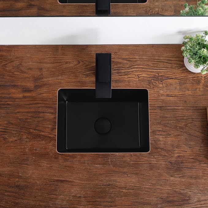 Small Undermount Bathroom Sink 16 Inch Matte Black Rectangular Porcelain Ceramic Vanity Basin with Overflow (15.7"x11.8") KDKSC