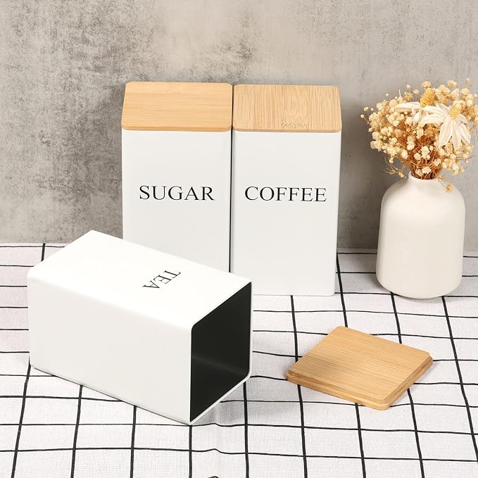 3 Pcs Coffee Tea Sugar Container Set, 1000 ML Metal Teas and Coffee Canisters Set with Bamboo Lids, Black Canisters Sets for Kitchen,Food Storage Container Jars for Kitchen Counter Storage (White)