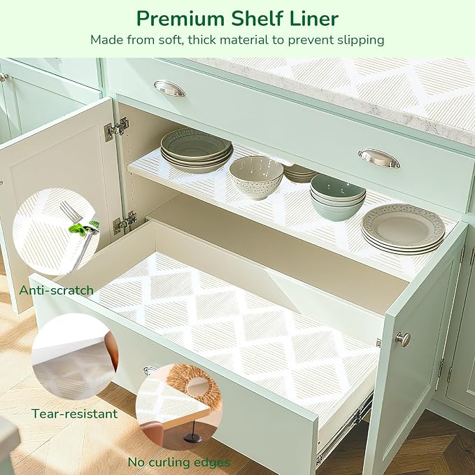 Drawer and Shelf Liner for Kitchen 11.8in x 20FT, Non-Slip Non-Adhesive Cabinet Liners for Cupboard, Dresser, Shelves, Tool Box, Pantry, Thickened Easy Install, Strong Grip, Yellow&White