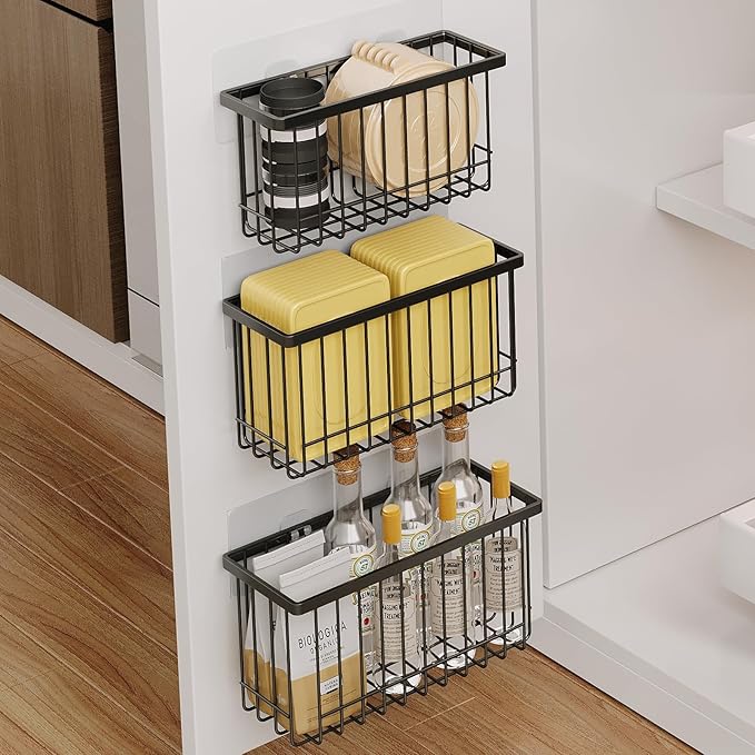 MUSTORN 3 Pack Adhesive Cabinet Door Organizer, Lid Organizers Inside Cabinet Food Container/Tumbler Lid Organizer and Storage Cup Lids Holder for Kitchen & Bathroom Wall Mounted(Black)