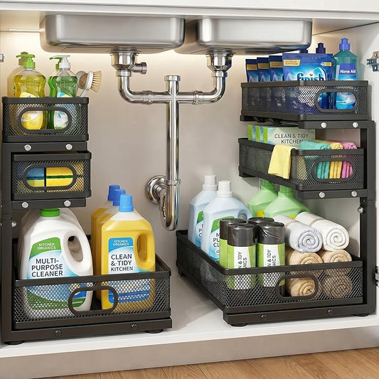 Under Kitchen Sink Organizer,3-Tier Black Metal Pull Out Cabinet Organizers, Slide Out Under Sink Storage Drawers, Under Sink Organizer Bathroom Counter Shelf, Pantry Organization and Storage （2 Pack）