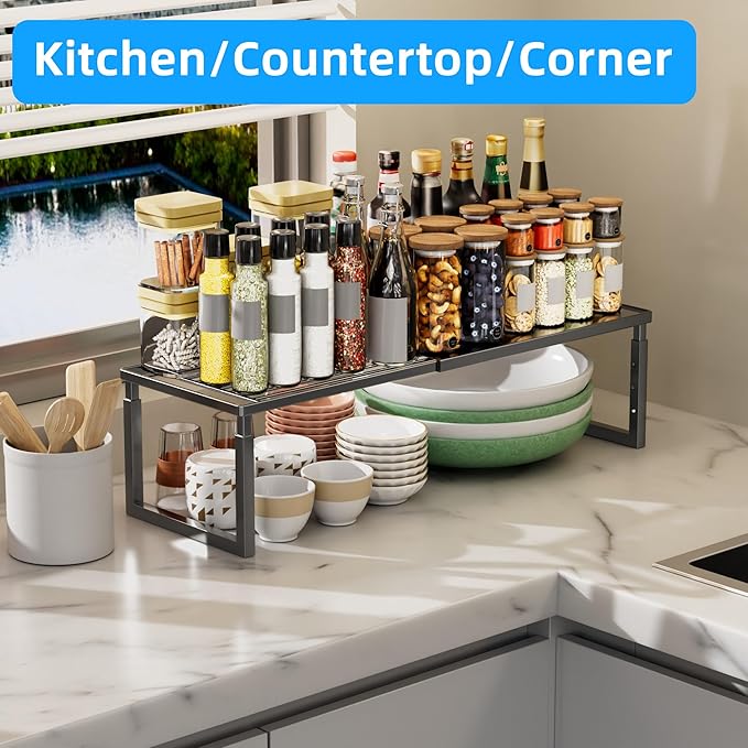 Shelf Organizer Stackable 2 Pack: Expandable (15.8"-25.5") Spice Rack Height Adjustable(6.2"/7.3"/8.5") Kitchen Organizer Countertop Metal Shelves for Pantry Storage Black
