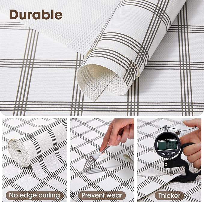 Drawer and Shelf Liner, Non-Slip Kitchen Cabinet Liners Non-Adhesive Thick Strong Grip Waterproof Washable Mats Protect Dresser Shelves Cupboard Bathroom Cabinets, White Stripes, 24IN X 20FT
