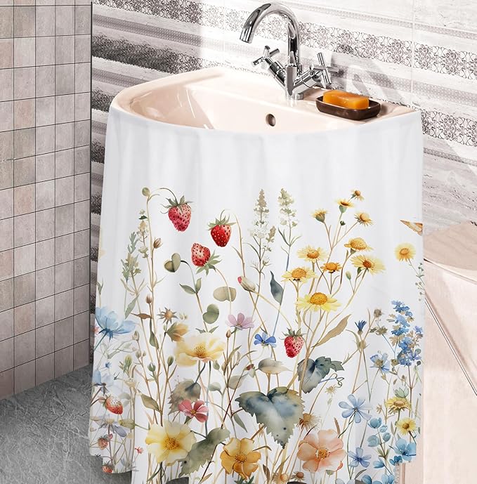 Fabric Sink Skirt Diamond Bathroom Stitch Self Stick Adhesive Waterproof Fabric Under Sink Curtain Skirt 55 x 32 Inch Adds Bathroom Storage (White,Wildflowers Style)