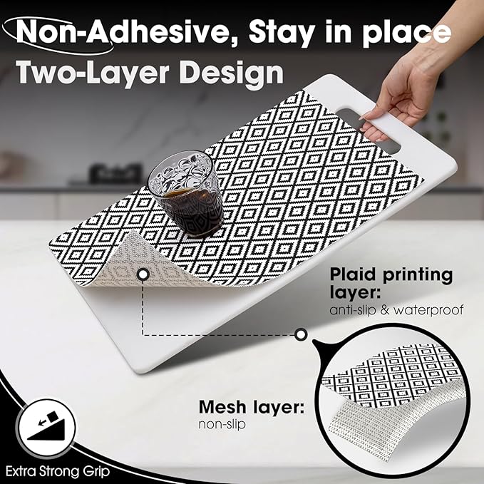 Drawer and Shelf Liner, Non-Slip Kitchen Cabinet Liners Non-Adhesive Thick Strong Grip Waterproof Washable Mats Protect Dresser Shelves Cupboard Bathroom Cabinets, Black & White, 18 in X 10 FT