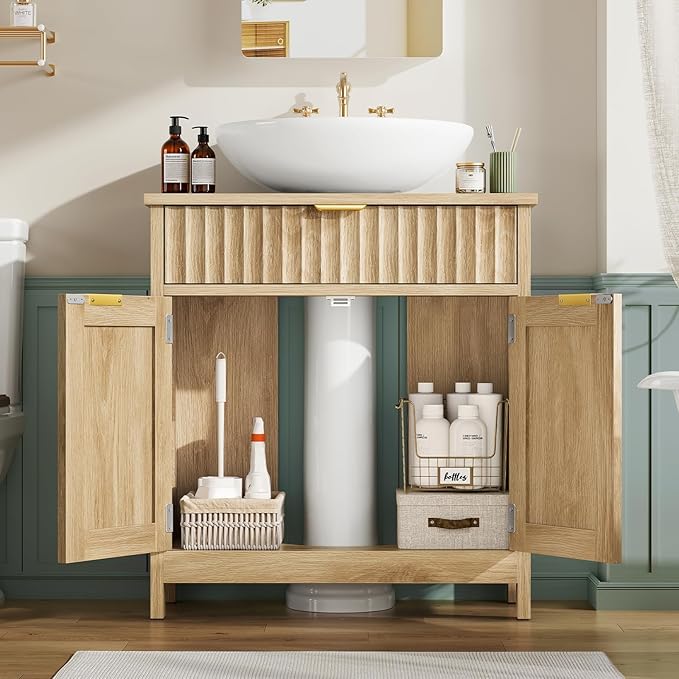 TEENFON Pedestal Sink Storage Cabinet with 2 Doors and Drawer, Bathroom Sink Cabinet with U-Shape Cut-Out, Fluted Pedestal Sink Cabinet, Natural Oak