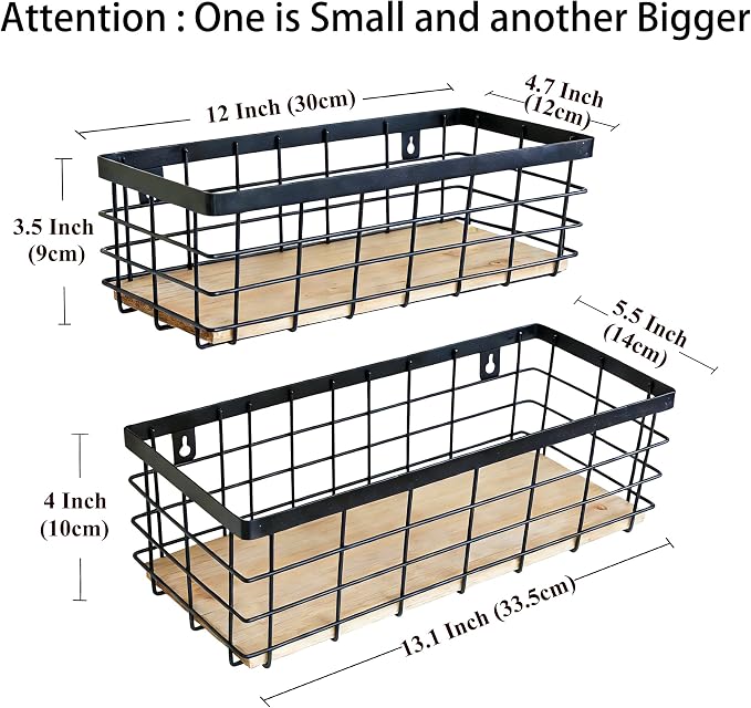 ShabbyDecor Metal Wire Basket Detachable Wood Base Storage Organizer Farmhouse Hanging Basket for Kitchen Cabinets, Bathroom, Pantry, Laundry Room Set of 2,Black Color