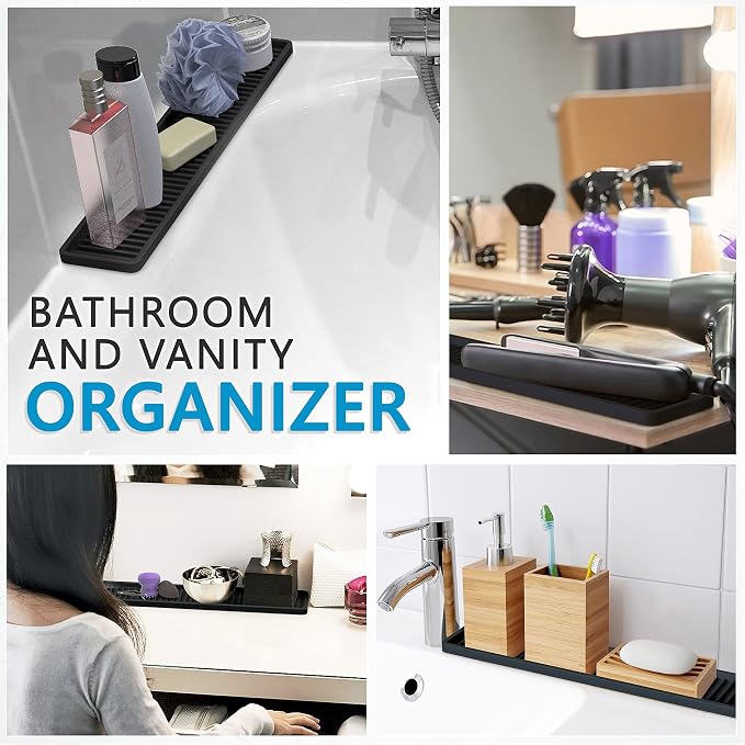 ZAPPOWARE Silicone Kitchen Sink Caddy Sponge Holder 11" x 4.33", Black - Bathroom Vanity Tray Organizer, Kitchen Soap Tray for Dish Scrubber, Soap Dispenser and Sponge