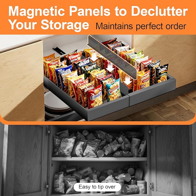 YJHome 2 Pack Pull Out Cabinet Organizer, No Drill Expandable Width 12"-20" & 21" Depth, Adhesive or Screw-In Installation, Magnetic Divider for Custom Storage, for Kitchen Pantry Bathroom Cabinet