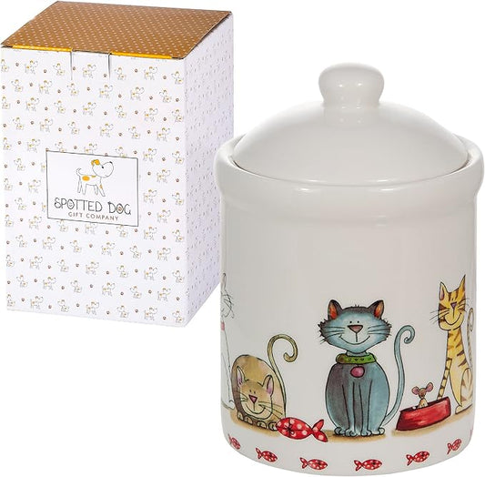 SPOTTED DOG GIFT COMPANY Ceramic Jar with Lid for Countertop, Cute Cat Treat Container, Decorative Kitchen Storage Jar for Tea Coffee Sugar, Gifts for People Who Love Cats 35oz