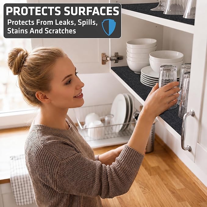 Drymate Premium Luxury Shelf & Drawer Liner, Thick Cushioned Fabric, Non-Adhesive, Absorbent, Waterproof, Slip-Resistant, Liners for Kitchen Cabinets, Cupboards (USA Made)(12”x59”)(2-Pack)(Charcoal)