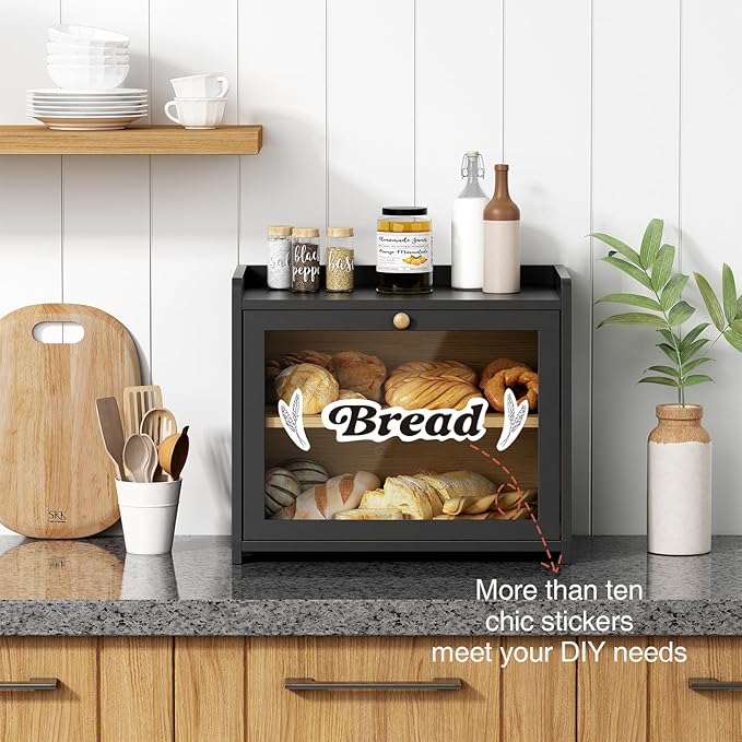 Goozii Double Layer Bread Box for Kitchen Countertop, Large Bread Storage Container for Counter Top, 2 Tier Wood Farmhouse Vintage Breadbox for Homemade Bread, Corner, Cabinet, Pantry (Black)