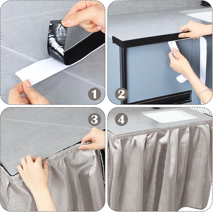 Fabric Sink Skirt Diamond Bathroom Stitch Self Stick Adhesive Waterproof Fabric Under Sink Curtain Skirt 55 x 32 Inch Adds Bathroom Storage(Silver Gray,Classic Style)