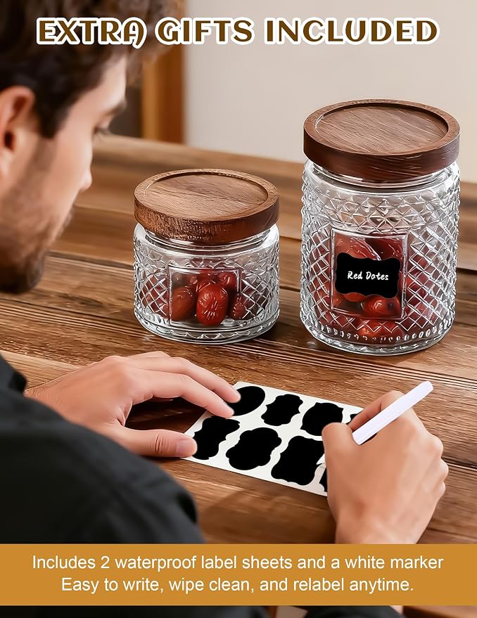 Glass Jars with Wood Lids Labels and Pen - Airtight Storage Container for Kitchen Pantry Bathroom Countertop, Decorative Vintage Canister for Candy, Cookie, Treat, Sugar, Coffee, Tea, Salt, Set of 3