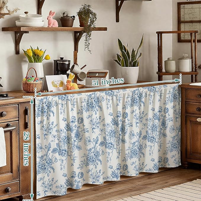 MUGINYU Blue Vintage Floral Short Curtains for Kitchen &Classroom,28" W x 51" L Sink Skirt for Bathroom Cabinet Curtains,Farmhouse Cottage Core Closet Dishwasher Curtain with Velcro
