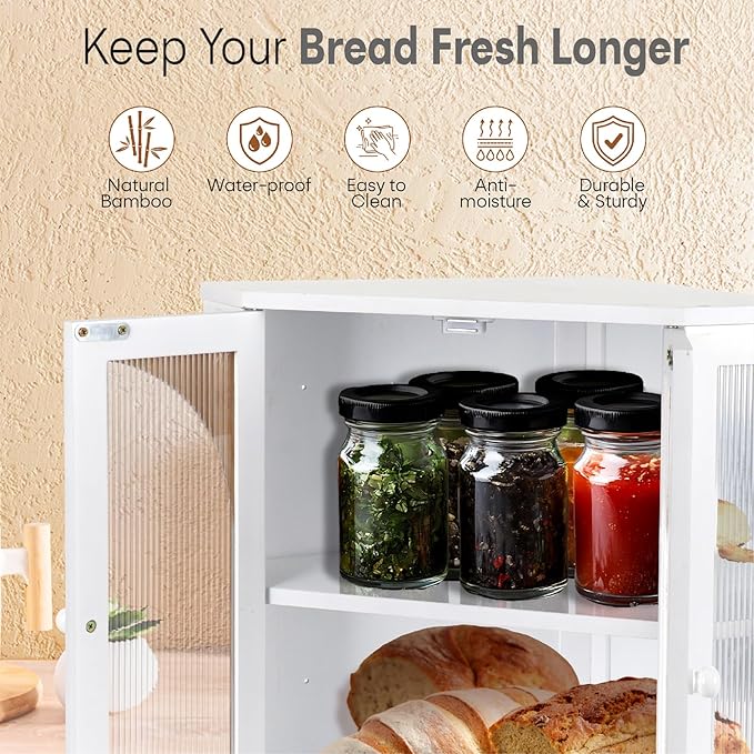 Corner Bread Box for Kitchen Countertop, Double Layer Bamboo Bread Storage Container for Homemade Bread, Large Capacity Bread Holder with 3 Adjustable Height for Counter, White