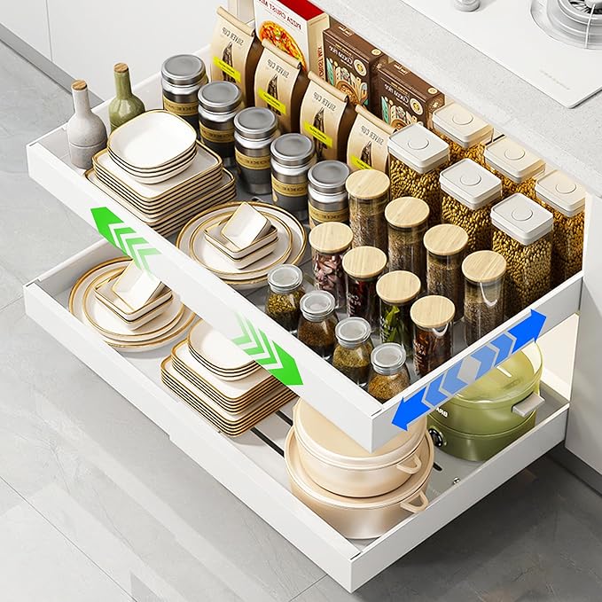 2 Pack Pull Out Cabinet Organizer Expandable Width (12.2"-20.4") x 21'' Deep, No Drill Adhesive Drawer, Heavy Duty Roll Out Shelves Drawers Adjustable White