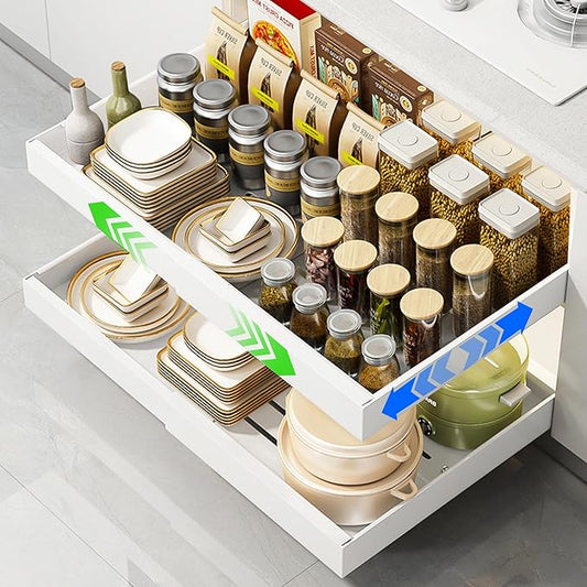 2 Pack Pull Out Cabinet Organizer Expandable Width (12.2"-20.4") x 21'' Deep, No Drill Adhesive Drawer, Heavy Duty Roll Out Shelves Drawers Adjustable White