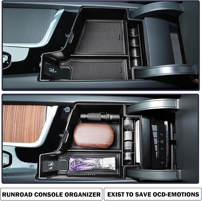 RUNROAD Center Console Organizer Tray Compatible with Volvo XC60 (2018-2025) / XC90 (2021-2024) / S90 S60 (2020-2025) V60 V90 Accessories, Insert Armrest Tray Middle Console Organizer