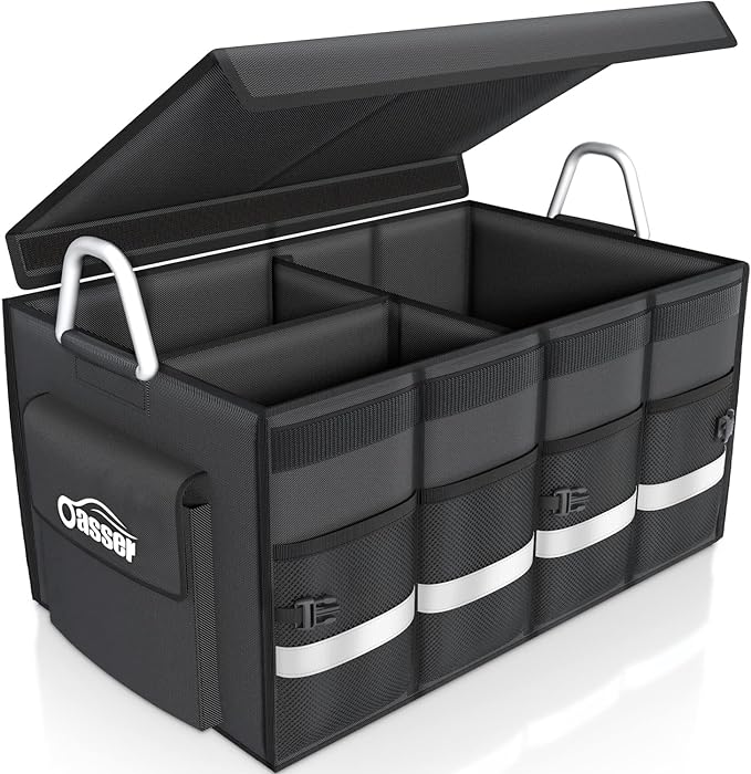 Oasser Trunk Organizer, Large, Black | Waterproof, Collapsible, Foldable Hard Cover, Aluminium Alloy Handle, Reflective Strip