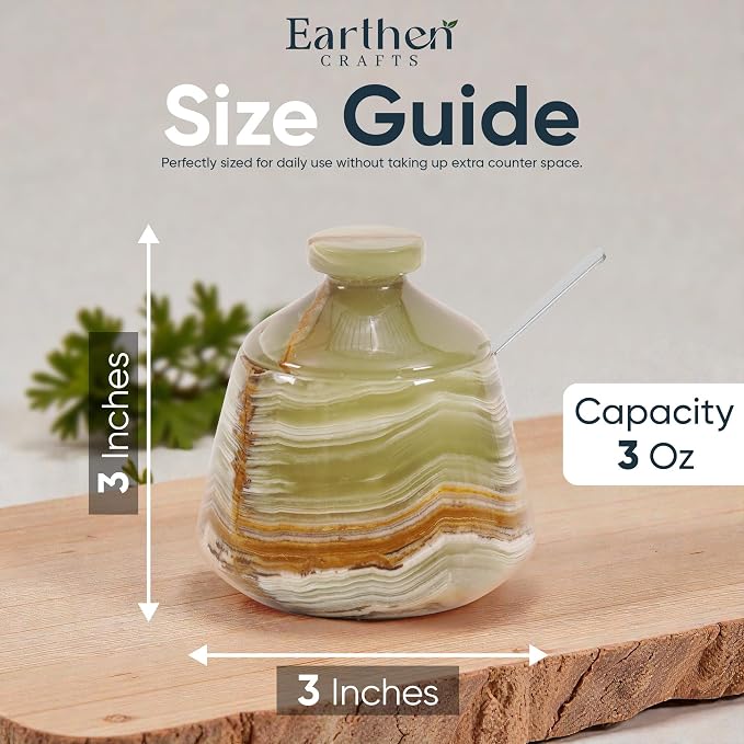 Marble Salt Cellar with Lid Green 3 Inches Salt Box Spice Storage Container Seasoning Jar with Spoon, Modern Salt Keeper for Kitchen Countertop, 3 OZ Capacity