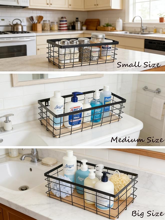 ShabbyDecor Metal Wire Basket Detachable Wood Base Storage Organizer Farmhouse Hanging Basket for Kitchen Cabinets, Bathroom, Pantry, Laundry Room Set of 3,Black Color