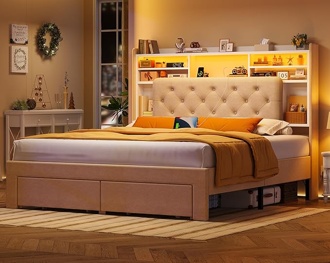 TEENFON Queen Bed Frame with Headboard and 2 Drawers Storage, Bed Frame Queen Size Built in LED Lights and Charging Station, Sturdy & Noise-Free Upholstered Platform Metal Bed, Beige
