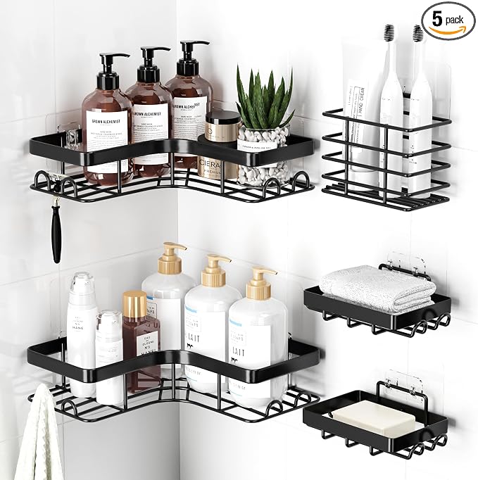 Sakugi Corner Shower Caddy - 5-Pack Shower Organizer with Soap Holder & Toothbrush Holder, Rustproof Metal Shower Shelves, Laundry, Kitchen, Bathroom Organizers and Storage Solution, Large, Black
