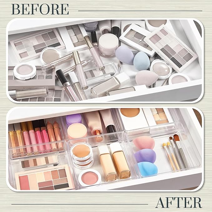STORi SimpleSort 6-Piece Stackable Clear Drawer Organizer Set | 6" x 6" x 2" Square Trays | Small Makeup Vanity Storage Bins and Office Desk Drawer Dividers | Made in USA