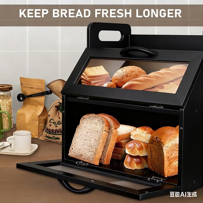 BAMBANG Extra Large Bread Box, Double Layer Bread Box for Homemade Bread, Bamboo Wooden Bread Storage Container with Tool Holder & Handles & Window, Assembly Required(14.9" x 11" x 15.3") Black