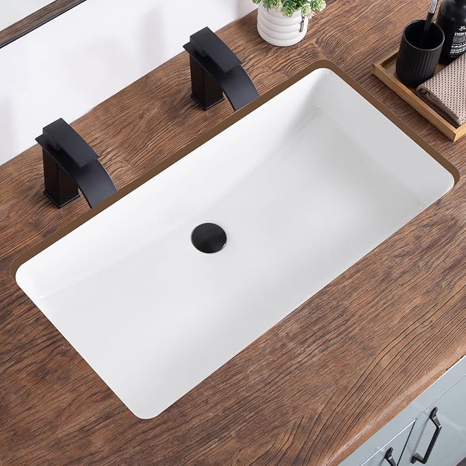 32 Inch Undermount Bathroom Sink White Ceramic Rectangular Under Counter Bathroom Sink for Cabinet Porcelain Vanity Sinks,Overflow Type (31.9"x16.5")