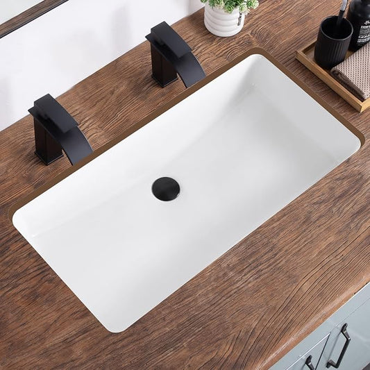 32 Inch Undermount Bathroom Sink White Ceramic Rectangular Under Counter Bathroom Sink for Cabinet Porcelain Vanity Sinks,Overflow Type (31.9"x16.5")